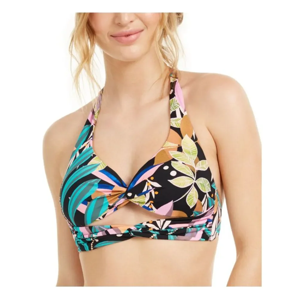 BAR III Women's Pink Tropical Print Cutout Tie Halter Swimsuit Top S